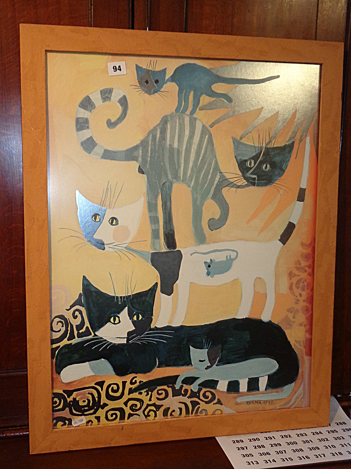 Colour print of abstract cats by ROSINA dated 1992