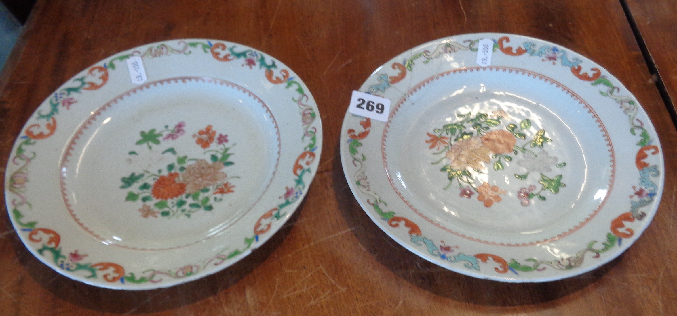 Two 18th c. Chinese Famille Rose plates (1 A/F), 28cm