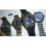 Four men's wrist watches, marked as Sekonda, Breitling, Peugeot and another marked with an "M"