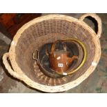 Copper hot water pot, a brass coal scuttle and a log basket