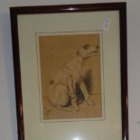 A Cecil Aldin print of a dog and an engraving of fox hounds titled "Out of the Hunt"