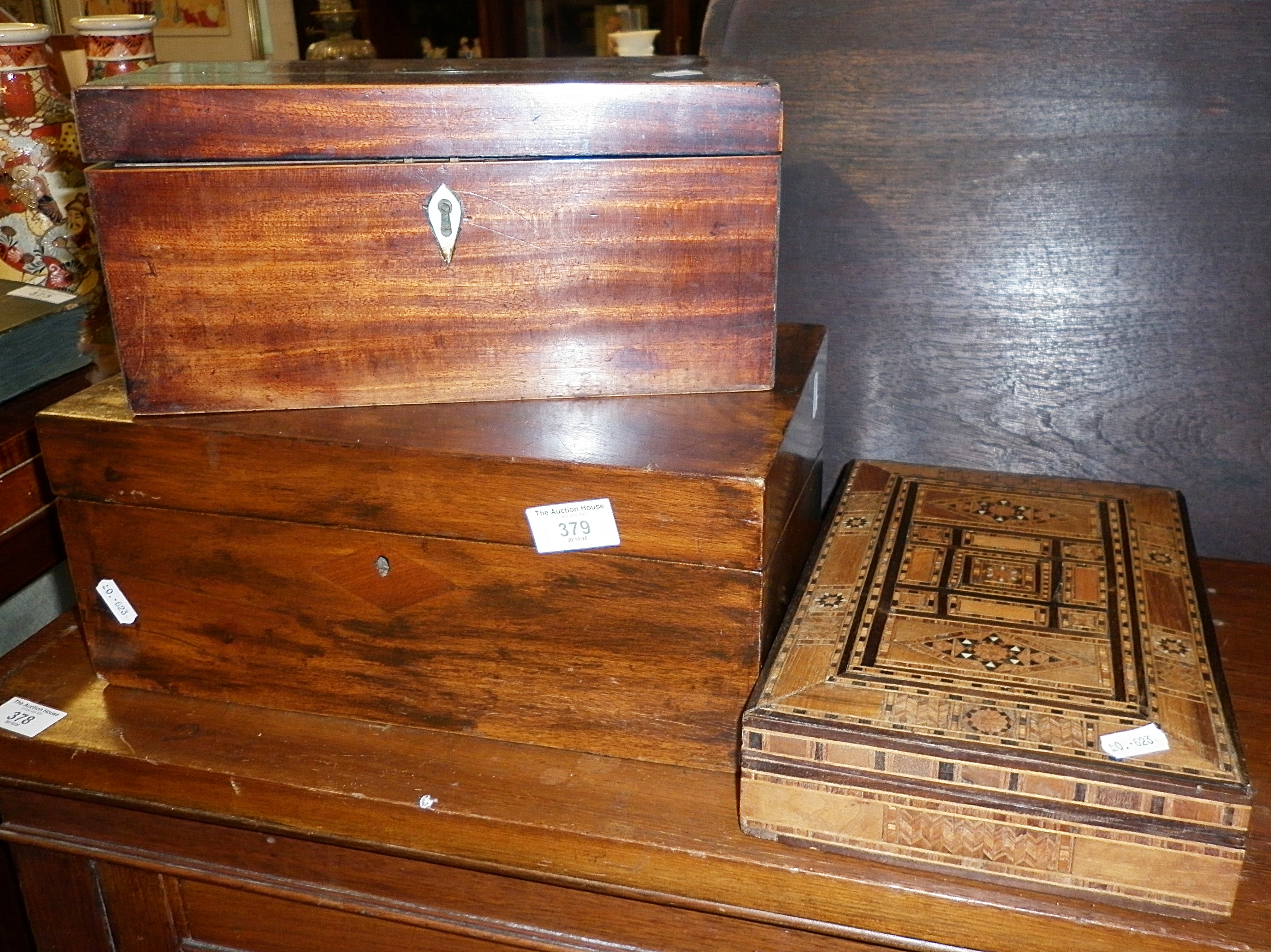 Victorian mahogany writing slope, Georgian tea caddy and a Tunbridge Ware type inlaid box