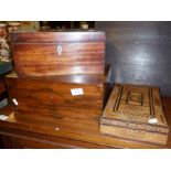 Victorian mahogany writing slope, Georgian tea caddy and a Tunbridge Ware type inlaid box