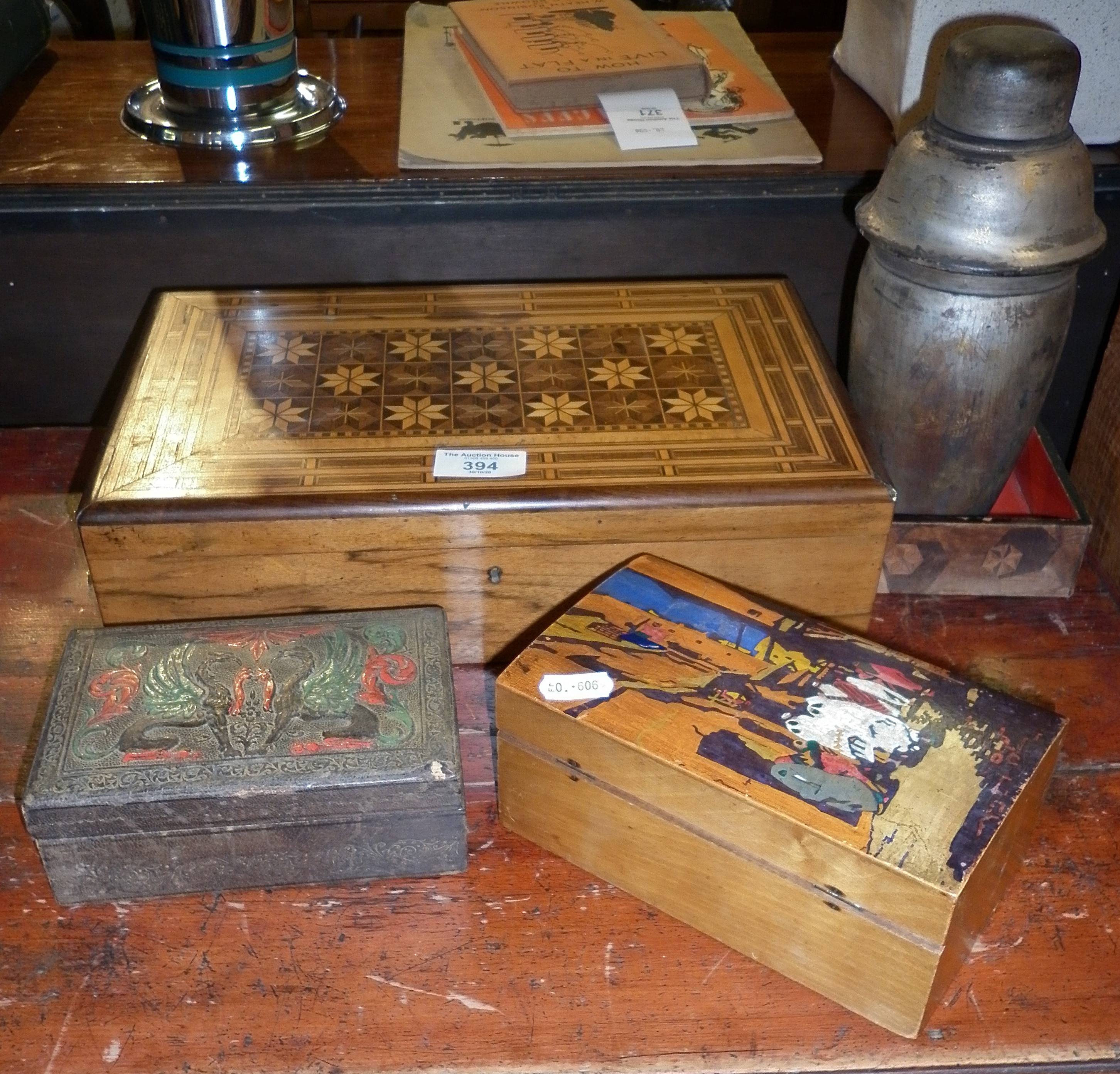 Olivewood inlaid marquetry sewing or craft box with internal compartments, an embossed leather