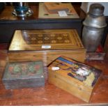 Olivewood inlaid marquetry sewing or craft box with internal compartments, an embossed leather