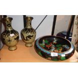 Chinese Cloisonné Buddhist dogs bowl, 30cm diameter and a pair of Cloisonné vases