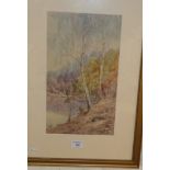 Watercolour of woodland by a lake, by W. R. Barnes