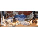 Large blue and white willow pattern punch bowl, a teapot, Wedgwood china vases etc.
