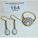 9ct gold dress ring set with opals and a pair of gold, opal and seed pearl drop earrings, ring