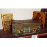 Old Indo-Persian hand-painted wooden box, an icon, and another Persian painted figural scene