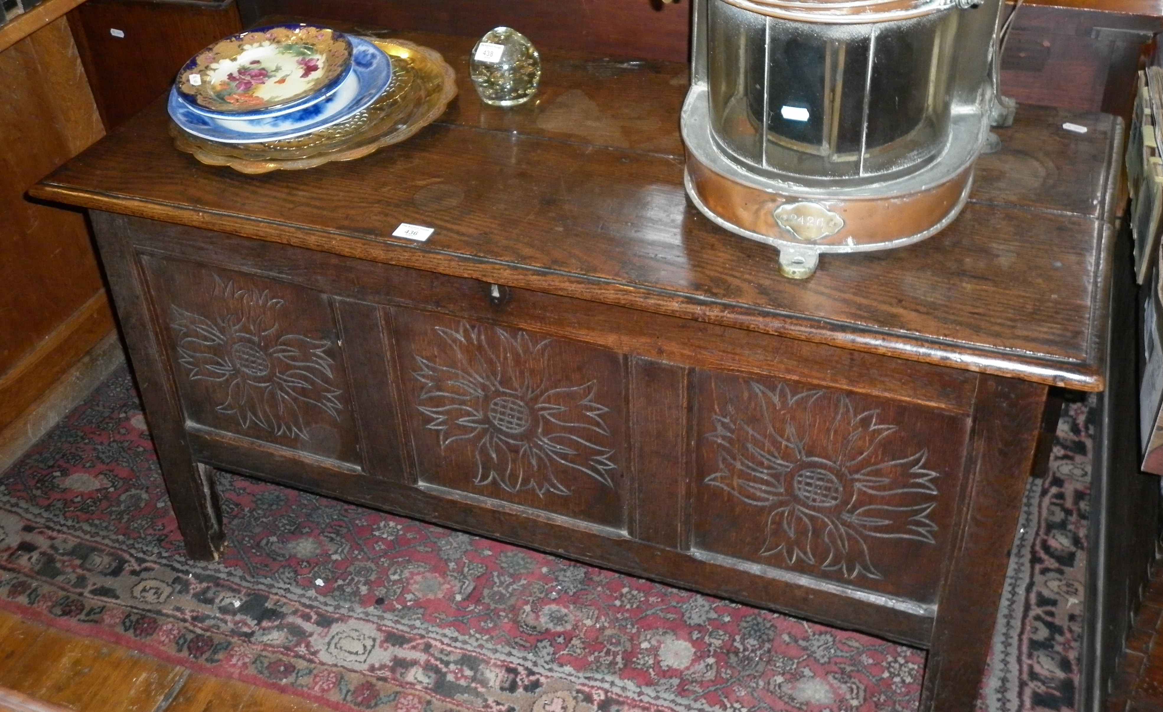 Large oak 18th c. coffer with 3 carved panel front