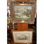 Oil painting of ships at sea in ornate gilt frame - (signed Knowne?) and a framed engraving of the