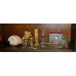 Shelf of wooden ware etc, inc. large shell, engraved medicine measuring glass in case, lighters,