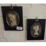 Pair Victorian wax relief miniature portraits in ebonised frames