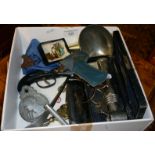 Box of assorted items, inc. the Ultra Lens in case, enamel badges and religious pendant, pince-nez