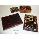 Two miniature tortoiseshell tea caddy shaped boxes, an Aide Memoire with pencil and a card case