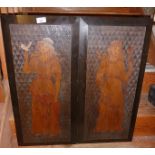 Pair of Arts & Crafts pokerwork panels depicting Pre-Raphaelite ladies in the manner of Walter Crane