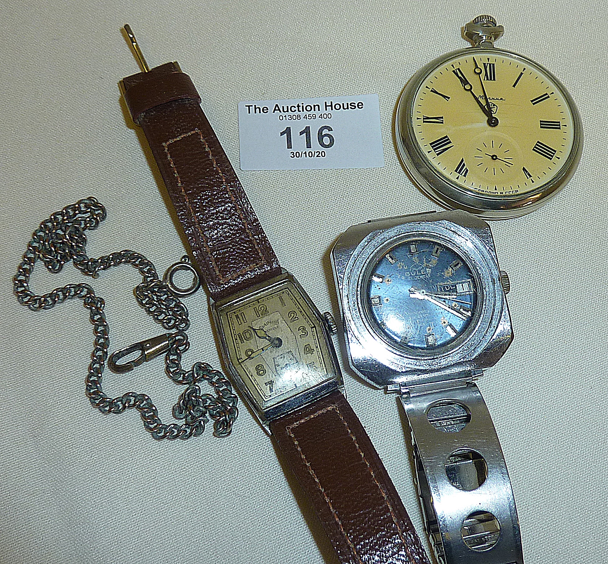 WW2 Ladies Services Art Deco wristwatch, vintage Buler Pinguin stainless steel watch and a Russian