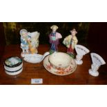 Victorian novelty china, figurines, place holders, medicine spoon, etc