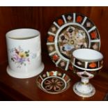 Royal Crown Derby china goblet, a dish and similar plate and a "Derby Posies" pot