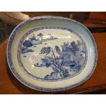 18th c. Chinese blue and white oval dish landscape pattern, 33cm x 25cm