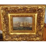 20th century bold gilt framed oil on board of a tall ship, 12" x 13"