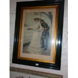 Large Edwardian colour print of a Naval Officer courting a lady aboard a battleship titled "Off