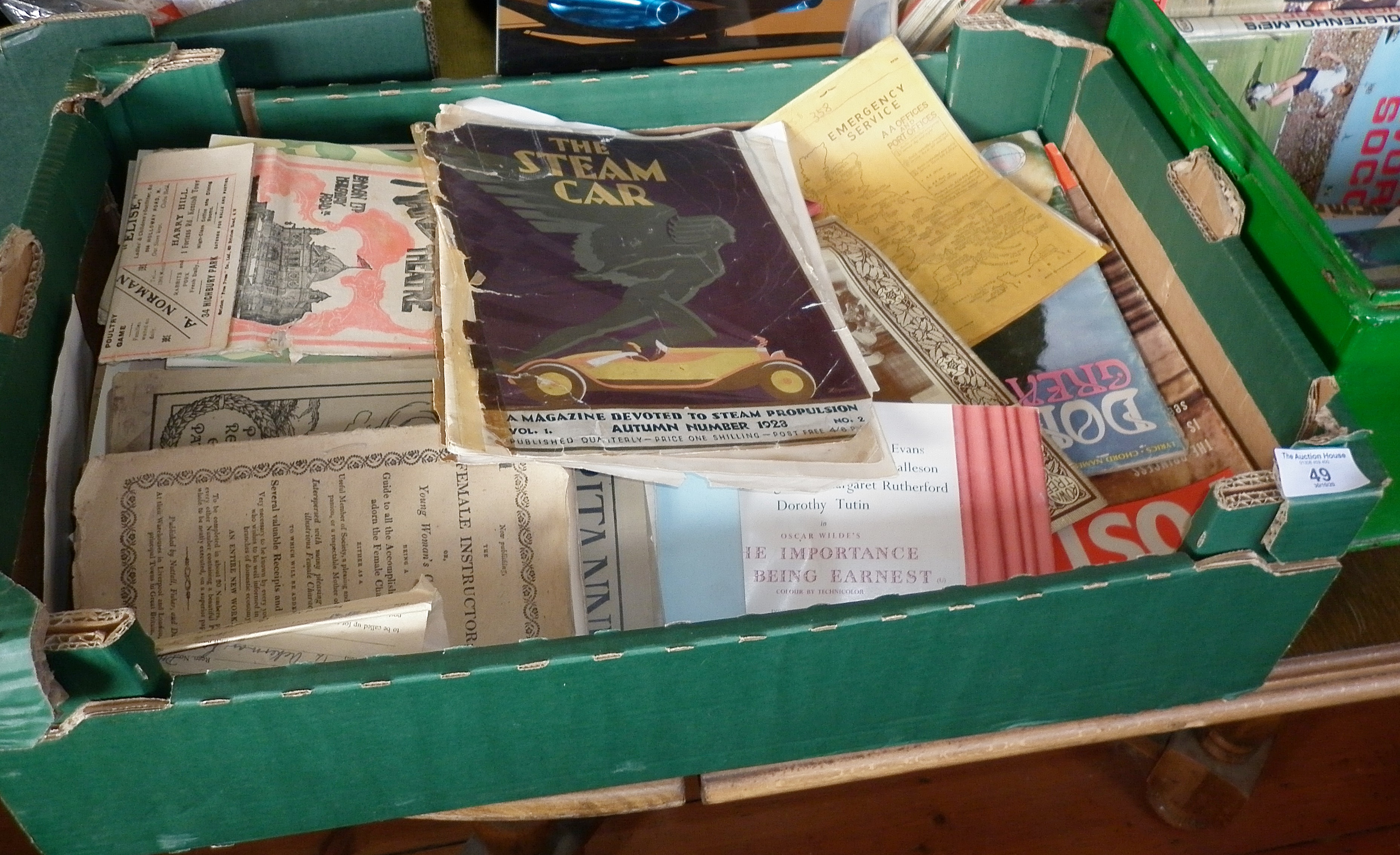 Box of ephemera including Theatre Programmes etc and a 1923 issue of 'The Steam Car'