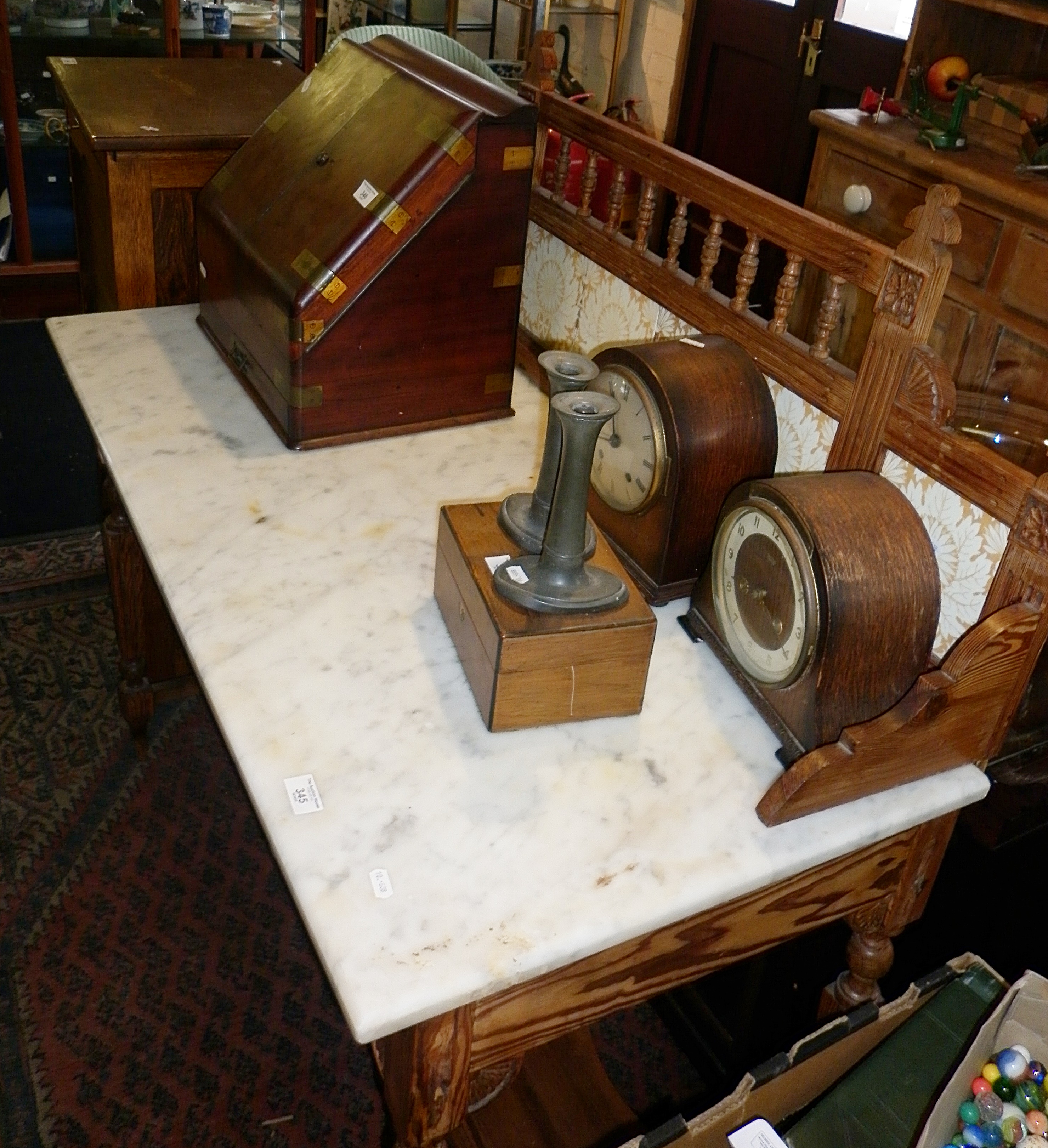 Victorian marble topped pine washstand with backboard having Minton tiles and galleried top