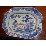 18th c. Chinese blue and white landscape lozenge shaped dish, 38cm x 29cm