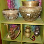 Large Middle Eastern copper jardiniere, another similar and other items inc. a veteran copper car