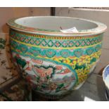 19th c. Chinese Famille Verte figures goldfish bowl, 32cm diameter x 25cm high
