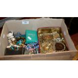 Box of vintage and modern costume jewellery - some gold tone.
