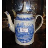 Unusual transfer printed Chinoiserie blue and white teapot with pagoda type lid