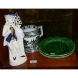 Majolica plates, Staffordshire flatback figure and black transfer printed cider mug A/F