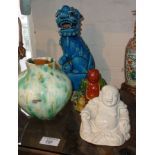 Two Chinese porcelain Buddhas, turquoise Fo dog and a vase