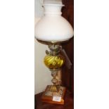 Small Arts & Crafts brass oil lamp with glass reservoir above brass column having copper filigree