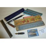 Eversharp pencil in box, assorted dip pen nibs, a Waterman's Ideal pen nib, thermometers in cases,