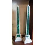 Fine pair of malachite and white marble obelisks