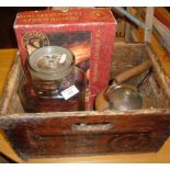 Glass sweets jar, copper kettle, set of wine glasses and a beer crate