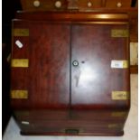Mid 19th c. brass bound mahogany stationery box with two sloping doors enclosing fitted interior