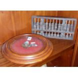 Victorian mahogany teapot stand with beadwork inset of a butterfly and an old abacus