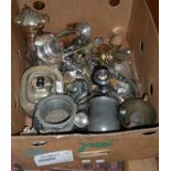 Box of silver plate inc. an RAF cruet holder, cutlery, napkin rings, pewter tankard, etc.