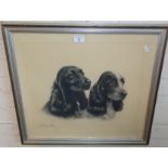 Large etching of two Spaniels, signed