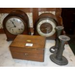 Pair of 18th c. pewter candlesticks, two wood cased mantle clocks and Victorian jewellery box