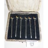 Cased sterling silver and enamel cocktail skewers or sticks with cockerel finials