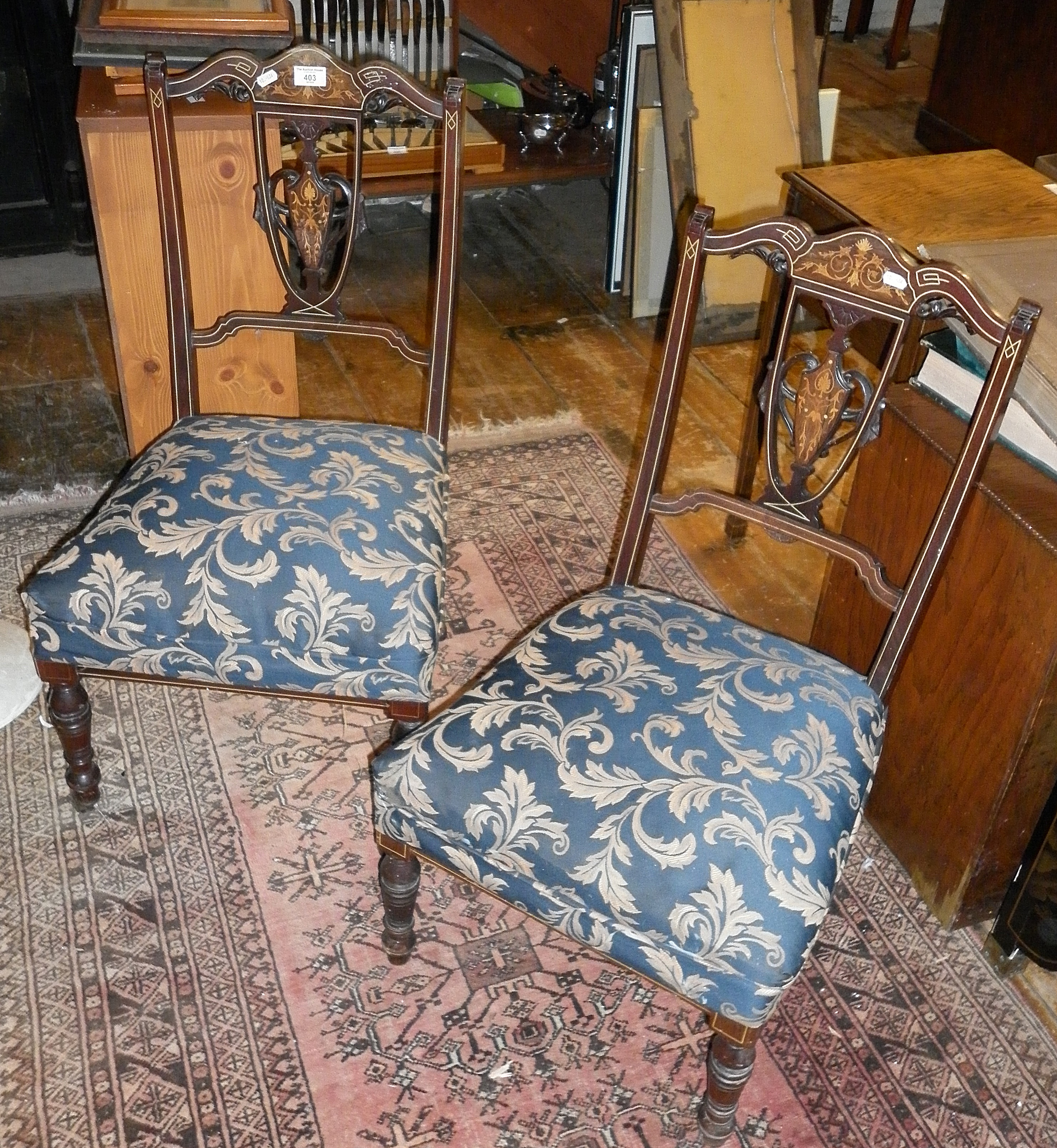 Pair of Edwardian inlaid rosewood bedroom chairs