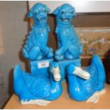 Pair of Chinese turquoise glazed porcelain ducks and similar Fo dogs