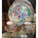 Chinese Canton figures plate, 8cm diameter and two similar cups and saucers