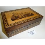 Tunbridge Ware box with castle scene to lid, approx 16.5cm long